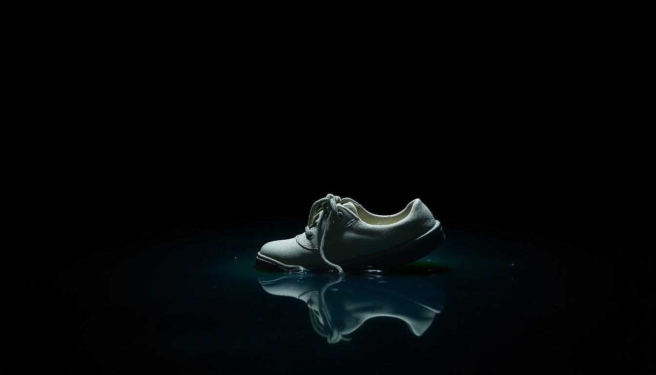 An extreme close-up photograph of a water-damaged child's shoe floating in a dark canal, lit by a harsh, direct camera flash against a pitch-black background, conceptually illustrating the tragic loss of a young life.