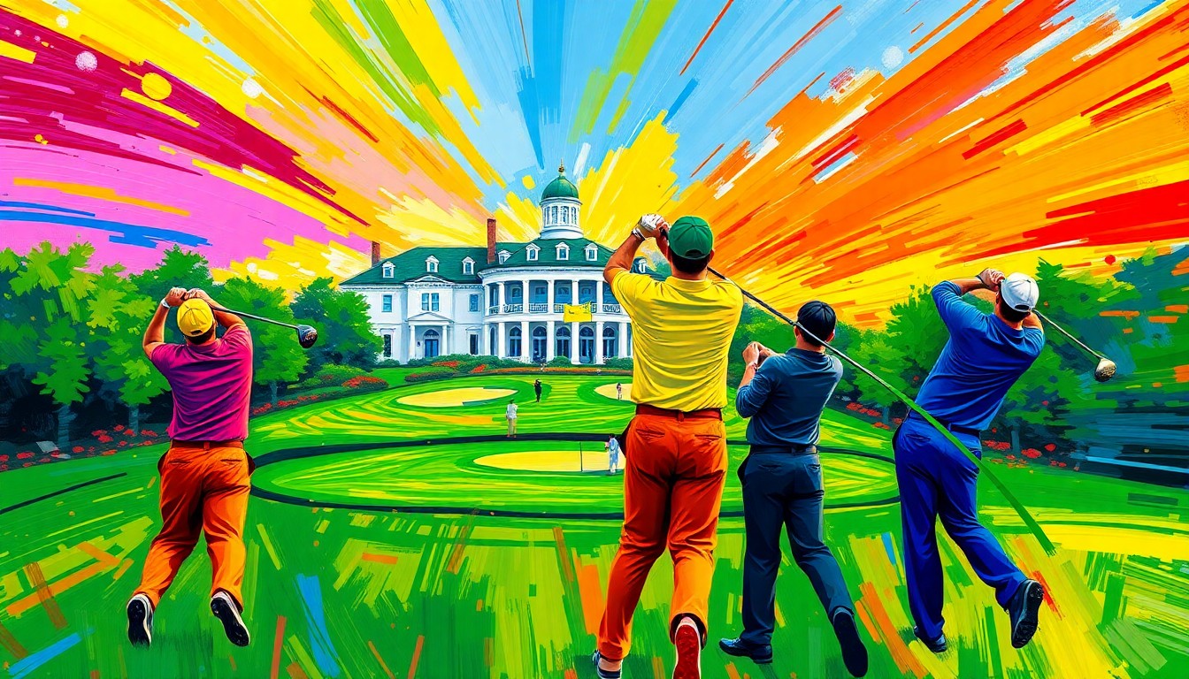 An abstract expressionist painting featuring rapid, neon-colored brushstrokes depicting the dynamic motion of professional golfers competing at the Masters Tournament, with the iconic Augusta National clubhouse visible in the background.