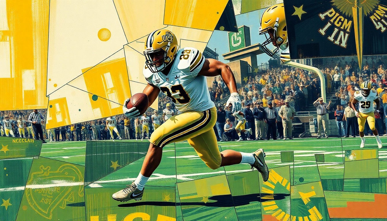 A cubist, geometric painting depicting a UCF football player in mid-motion on the field, with sharp, overlapping planes of color and form capturing the dynamic energy of the sport.