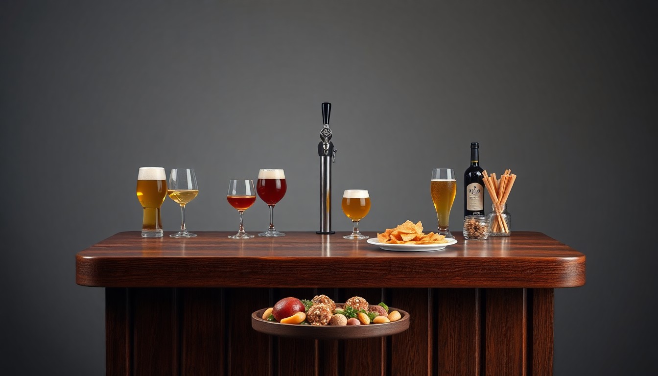 A high-end, photorealistic studio still-life photograph featuring a polished wooden bar top with premium bar glassware, beer taps, and gourmet bar snacks, conceptually representing the refined atmosphere of the new TJ's Village Tavern.