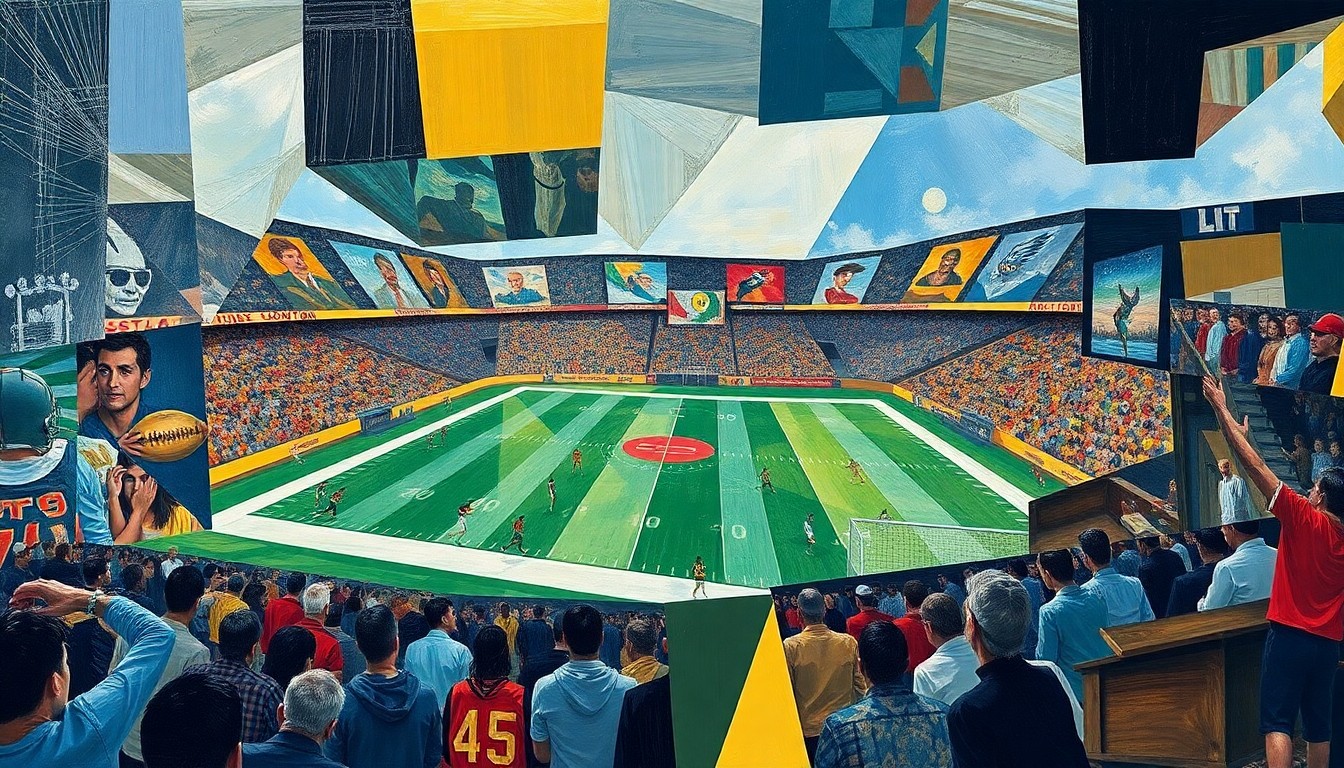 A cubist, geometric painting depicting fragmented football players and equipment, representing the Patriots' focus on improving their offensive and defensive lines in the upcoming draft.
