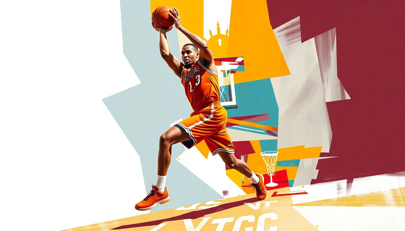 A fractured, geometric painting depicting the overlapping movements and actions of a basketball player, rendered in a vibrant color palette of orange and maroon to represent the transfer of Lauren Hurst from Tennessee to Virginia Tech.