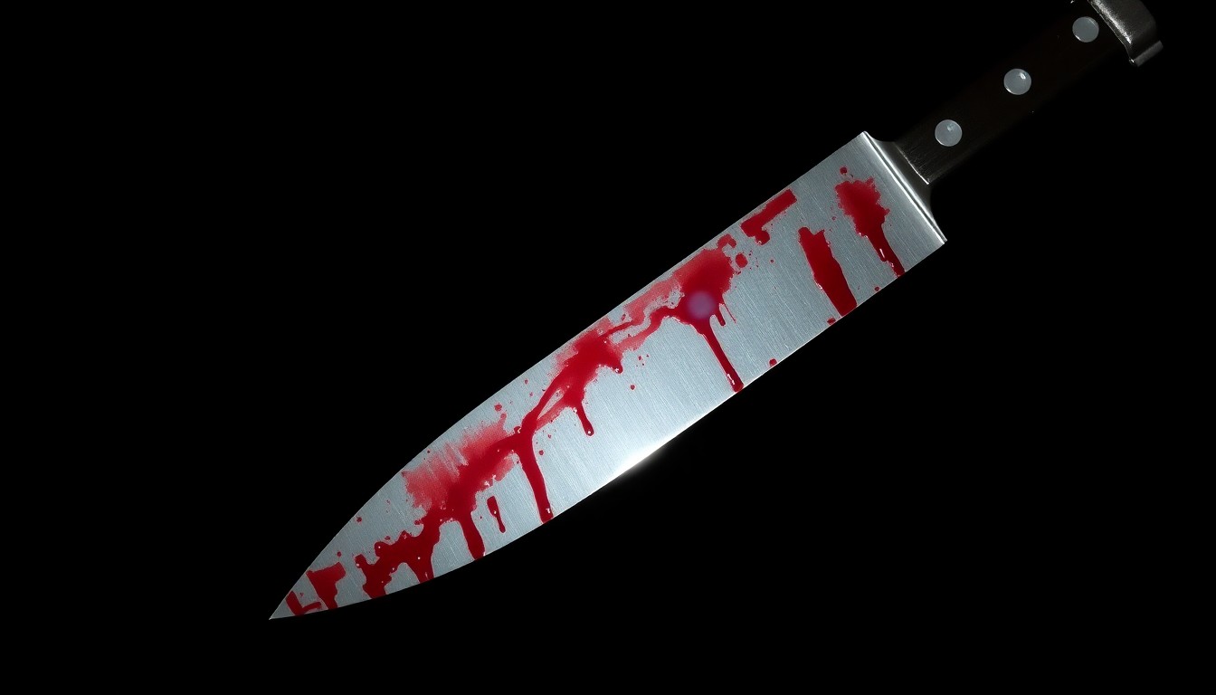 An extreme close-up of a bloodied knife blade reflecting a harsh, direct camera flash, conceptually illustrating the violence of the subway stabbing incident.