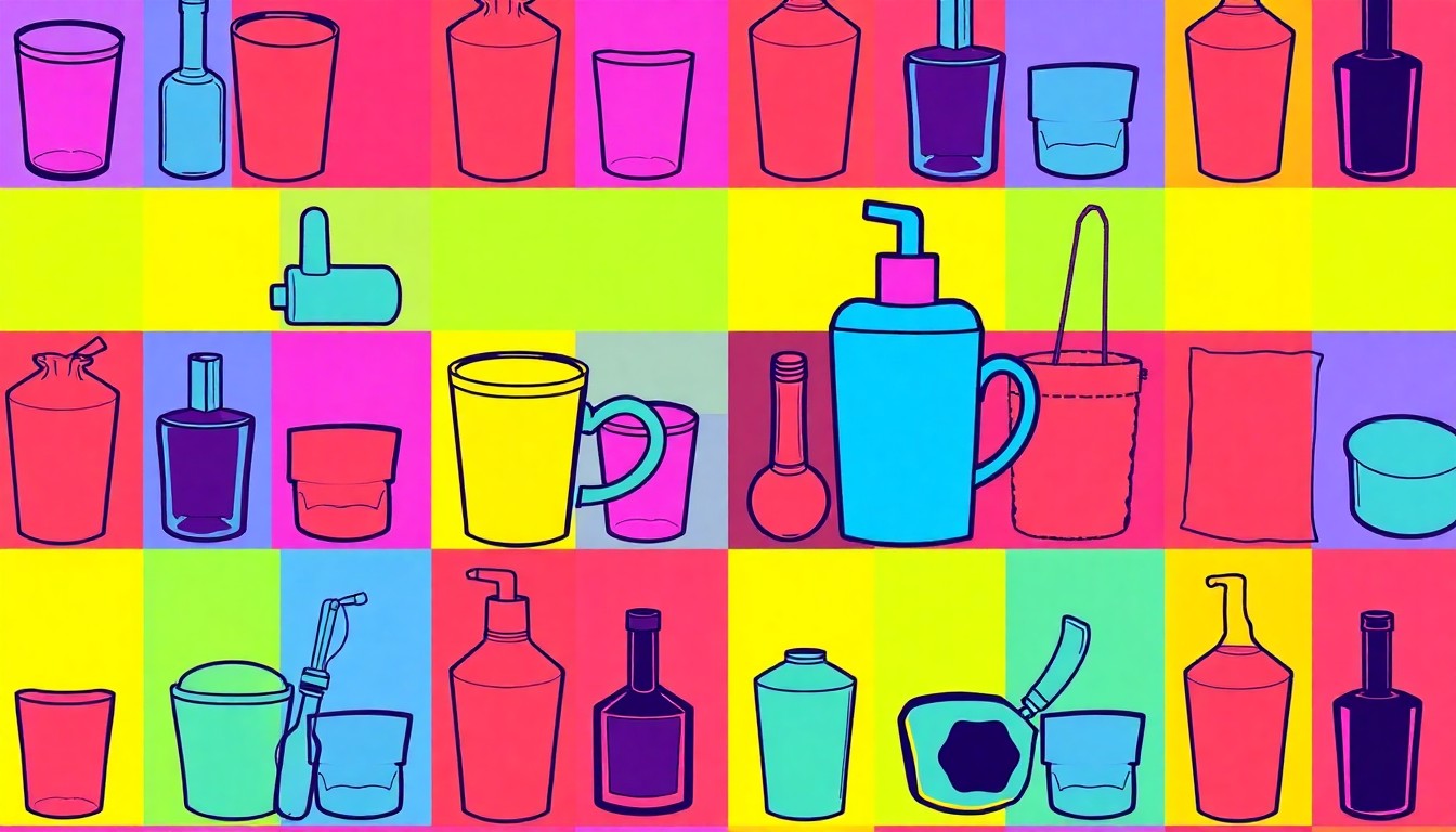 A brightly colored, high-contrast silkscreen print of a coffee cup repeated in a tight grid pattern, utilizing flat, vibrant neon colors and heavy black outlines to transform an everyday object into modern pop art.
