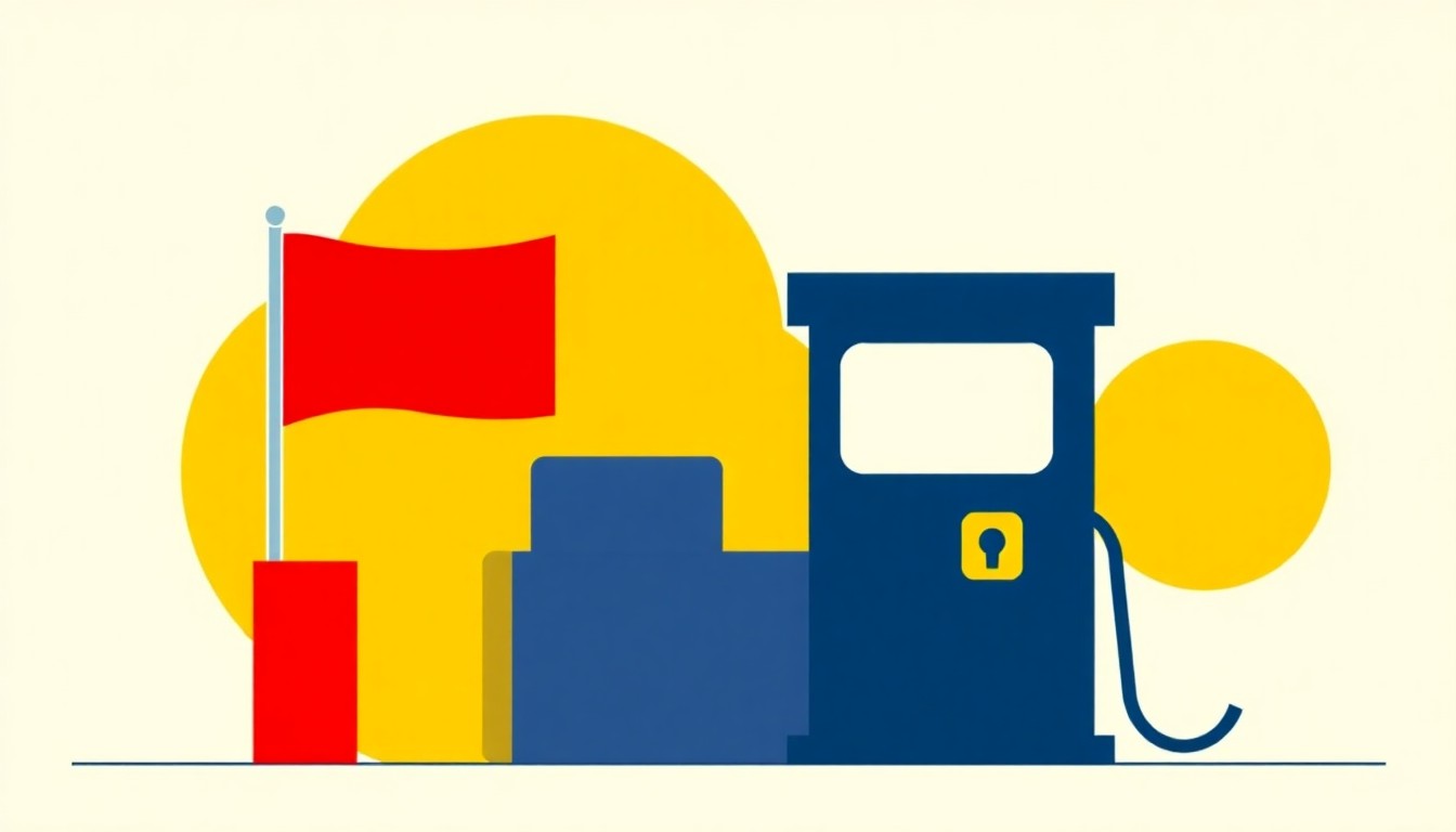 A minimalist illustration using bold geometric shapes and primary colors to represent the rising cost of gas, conceptually illustrating the financial strain on New Yorkers due to the conflict in Iran.
