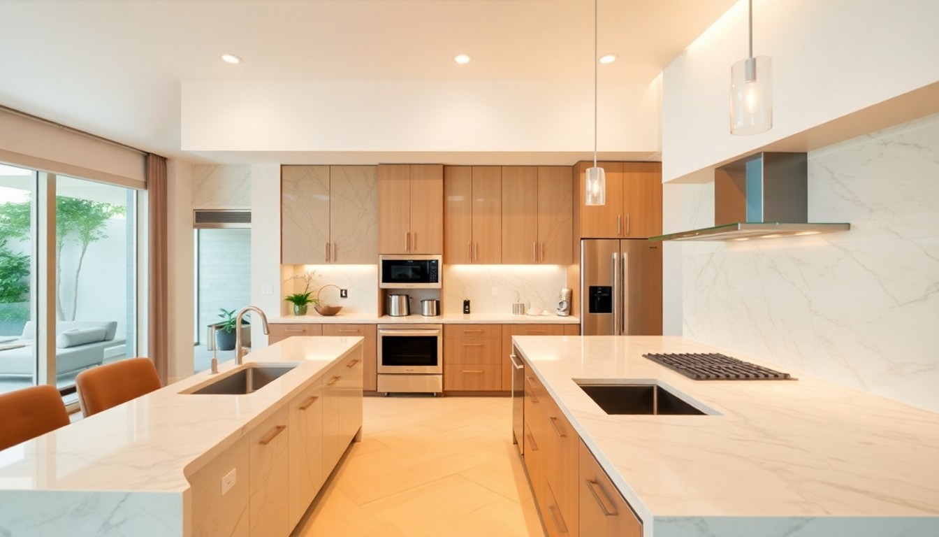 An extremely abstracted, out-of-focus photograph of a modern kitchen with marble countertops, stainless steel appliances, and warm, diffused lighting, conceptually representing the elevated, resort-style living experience of this luxury home.