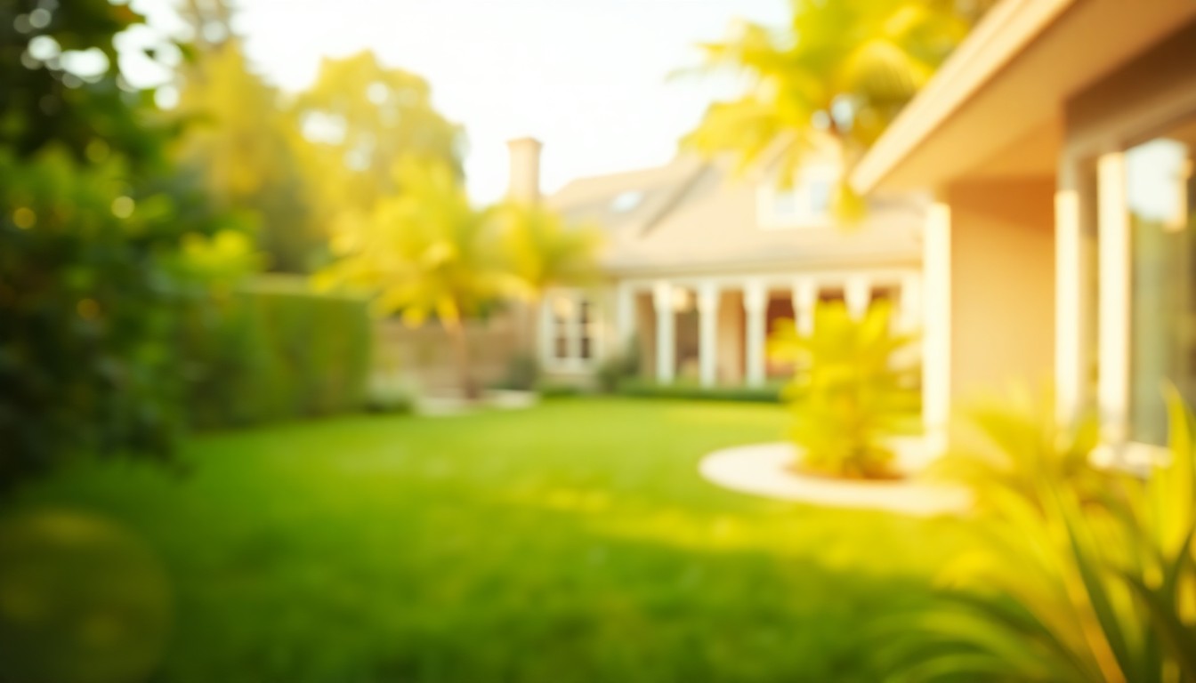 An abstract, impressionistic photograph in soft, blurred tones depicting a verdant backyard with the outline of a modern home visible in the distance, conveying a sense of privacy and natural beauty.
