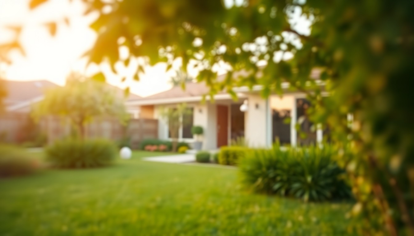 An abstract, out-of-focus photograph in warm, earthy tones depicting a lush, green backyard with a glimpse of a modern, single-story home in the background, conceptually representing the tranquil, private setting of this luxury property.