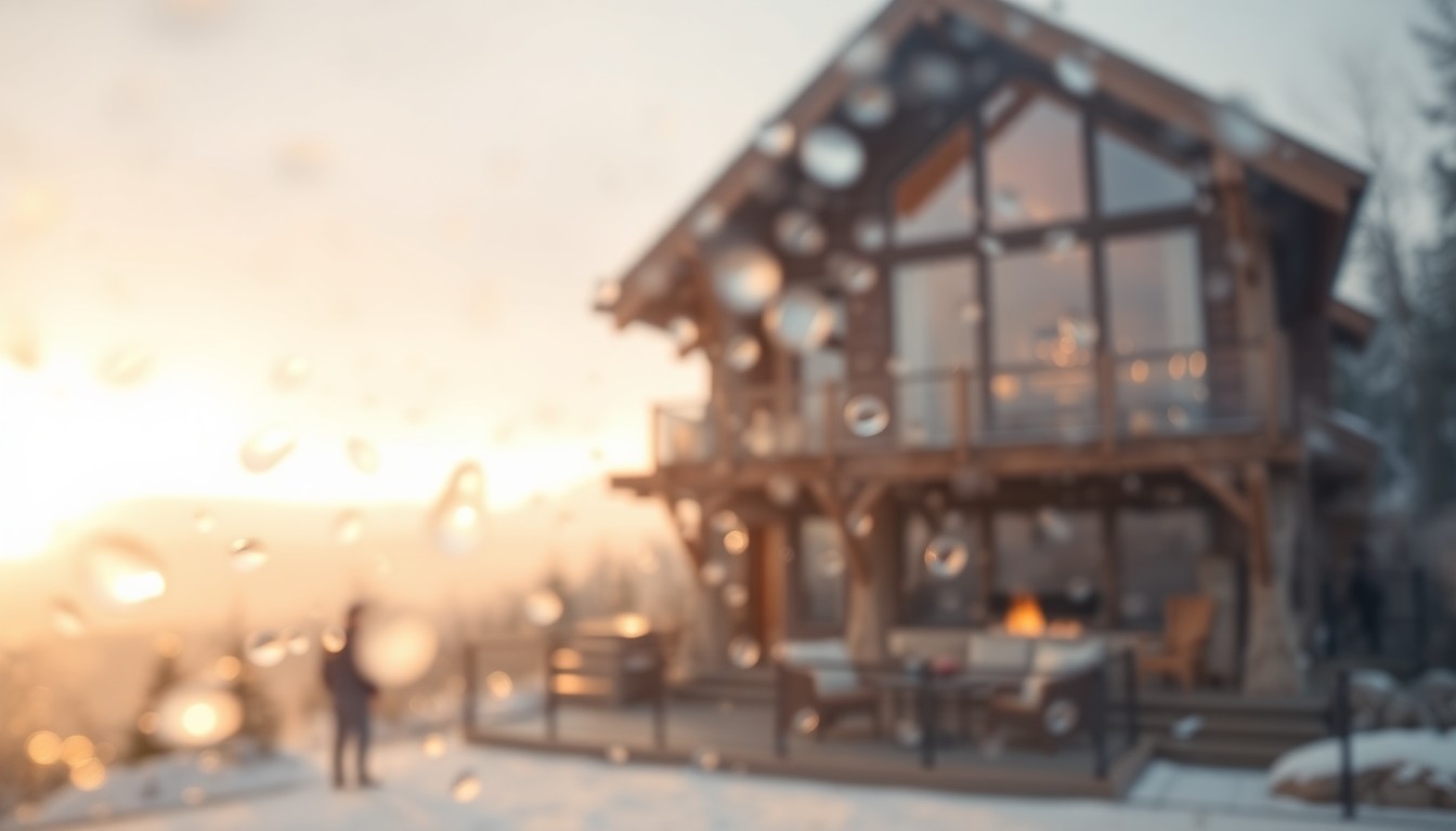 An extremely blurred, out-of-focus photograph showing the muted, warm colors and soft light of a luxury mountain home's exterior, conveying a sense of tranquility and exclusivity.