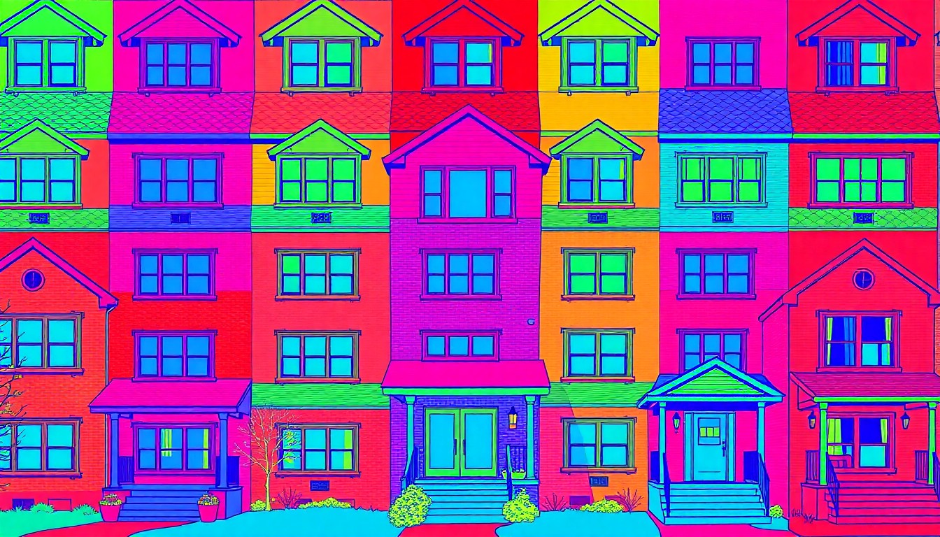 A highly stylized, abstract illustration featuring a repeated pattern of a Denver home's exterior in bold, neon-like colors and heavy black outlines, conceptually representing the luxury real estate market in the Mile High City.