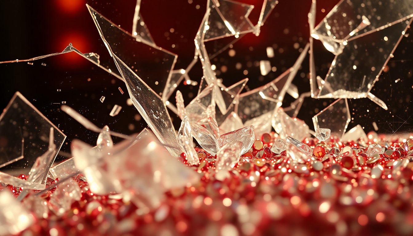 An abstract close-up photograph featuring shattered glass and sparkling sequins in high-contrast studio lighting, conveying the glamour and drama of the Summer House cast's fractured relationships.