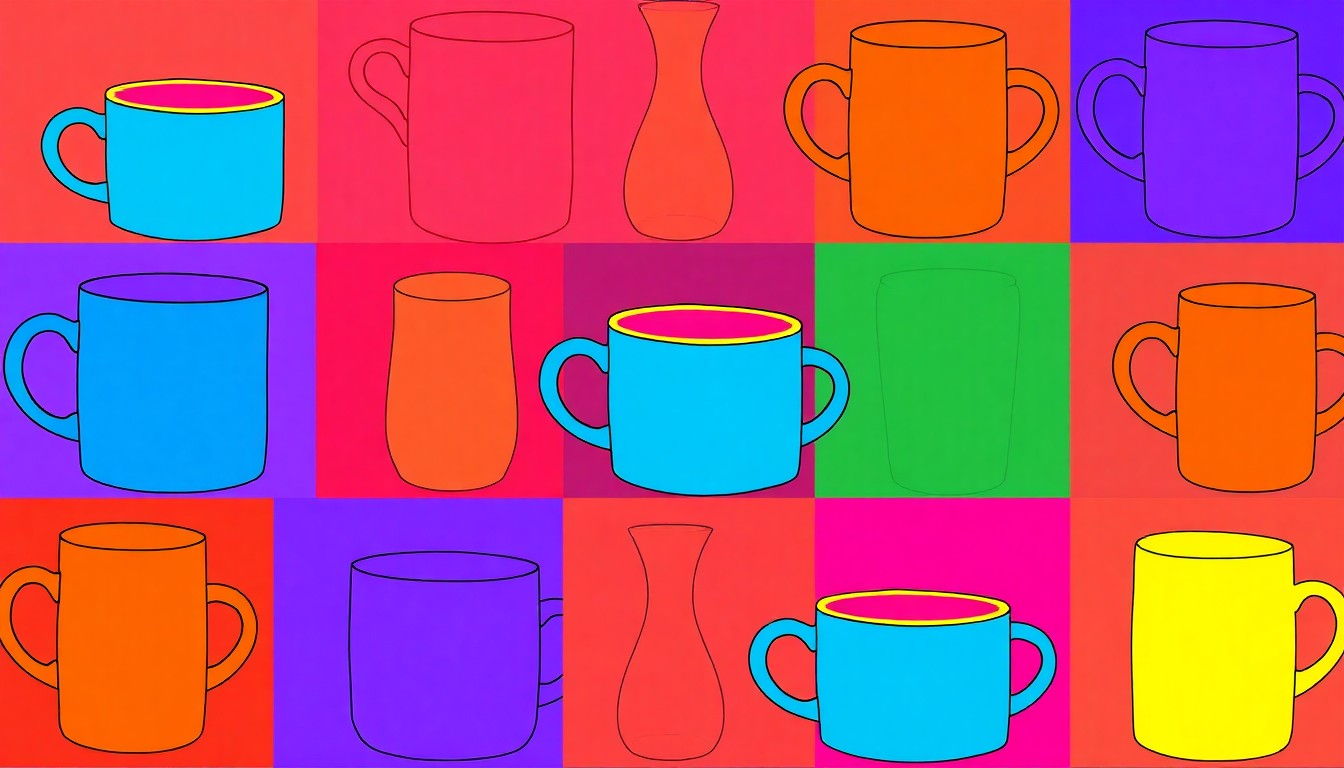 A high-contrast, silkscreen-style illustration featuring a repeating pattern of a single, iconic Hudson Valley design object like a vase or coffee mug, rendered in a bold, neon color palette that transforms the everyday into modern pop art.