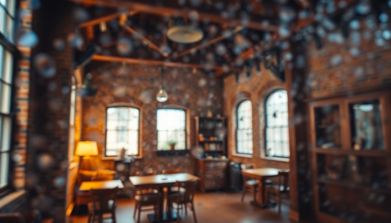 An abstract, out-of-focus scene featuring warm pools of light and soft, blurred shapes representing the rich textures and cozy atmosphere of a historic loft interior.