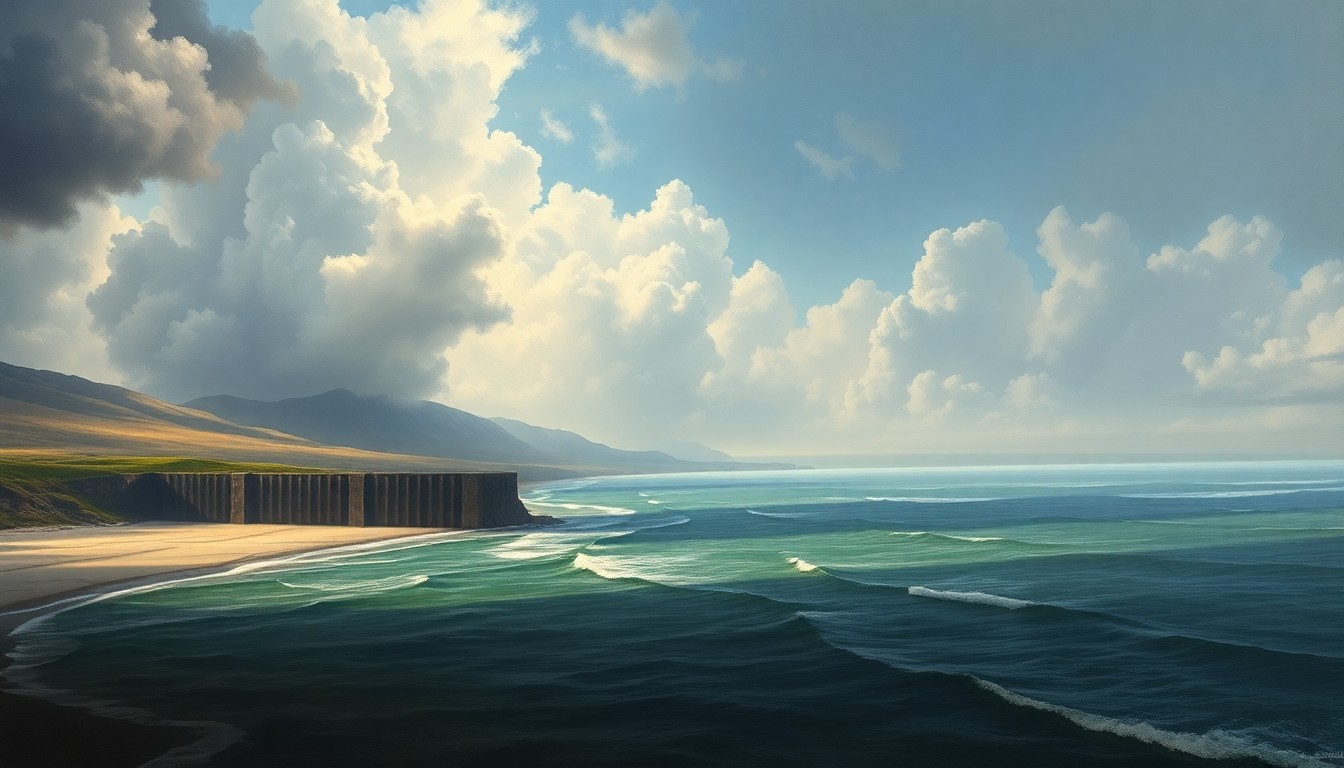 A sweeping, atmospheric landscape painting depicting a towering steel bulkhead wall stretching along the shoreline, dwarfing the surrounding beach and ocean in a dramatic display of the power of nature and human engineering.