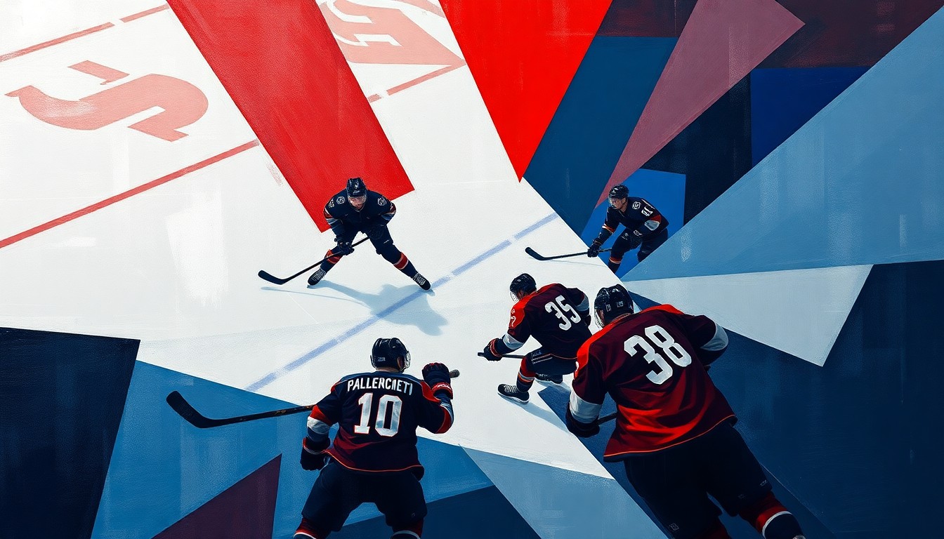 A fractured, cubist-style painting depicting the chaotic action of an ECHL hockey game, with players' bodies and equipment broken down into sharp geometric shapes and planes of navy, red, and silver.