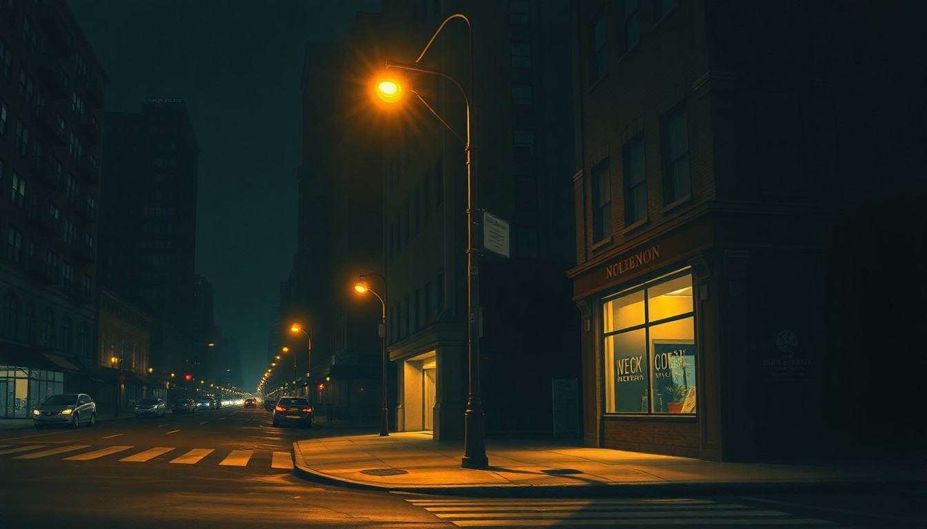 A dimly lit New York City street corner at night, with a lone streetlight casting warm, diagonal shadows across the pavement and buildings. The scene has a quiet, contemplative mood, reflecting the complex political challenges facing the city's new mayor.