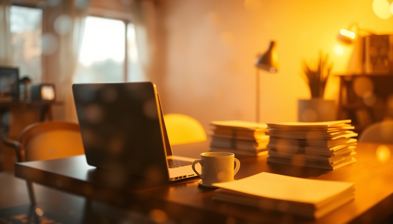 An abstract, impressionistic scene of a cozy home office with a laptop, coffee mug, and papers, captured in a soft, hazy glow of warm light, conceptually representing the consistent, decades-long work of a California columnist.