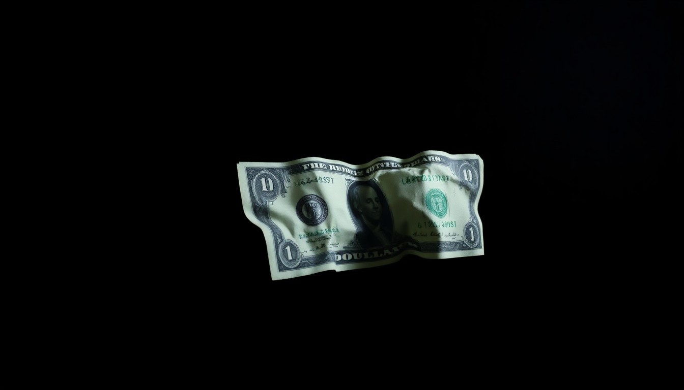 An extreme close-up of a crumpled dollar bill against a pitch-black background, lit by a harsh, direct camera flash, creating a gritty, investigative aesthetic.
