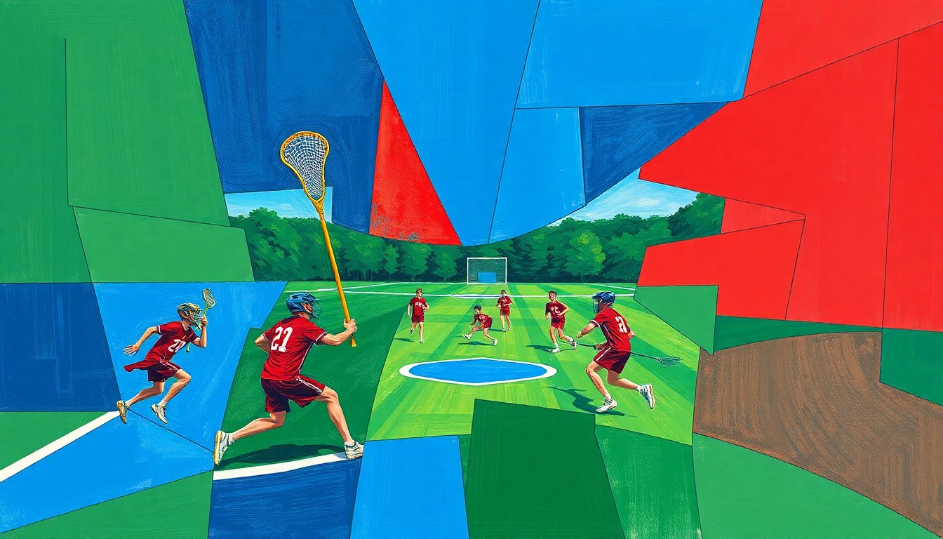 A fragmented, geometric painting in bold colors depicting the dynamic movements and energy of a high school lacrosse game.