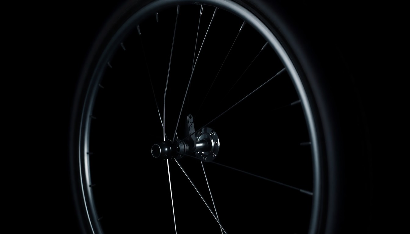 An extreme close-up photograph of a damaged bicycle wheel rim and tire against a pitch-black background, the harsh flash lighting creating a stark, gritty aesthetic that conceptually represents the investigation into a fatal crash.