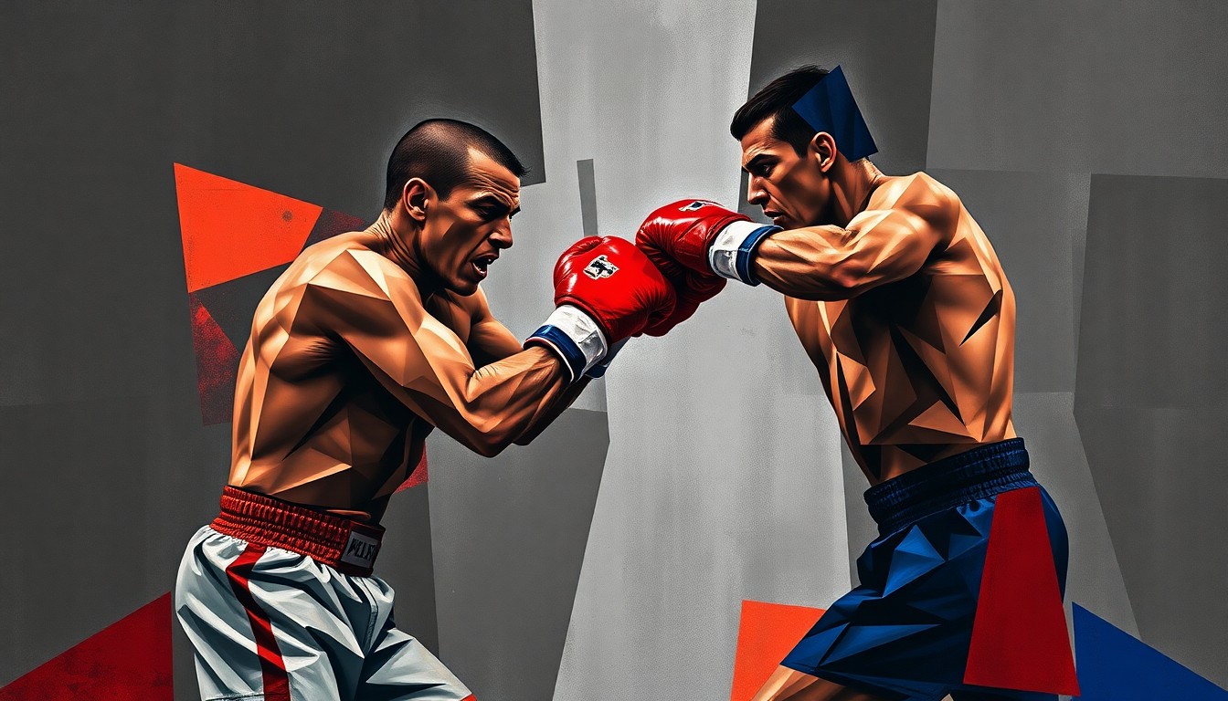 A fractured, multi-perspective painting depicting two boxers mid-punch, their bodies and movements deconstructed into sharp, overlapping geometric shapes in a dark, intense color palette, capturing the intensity and skill of the sport.