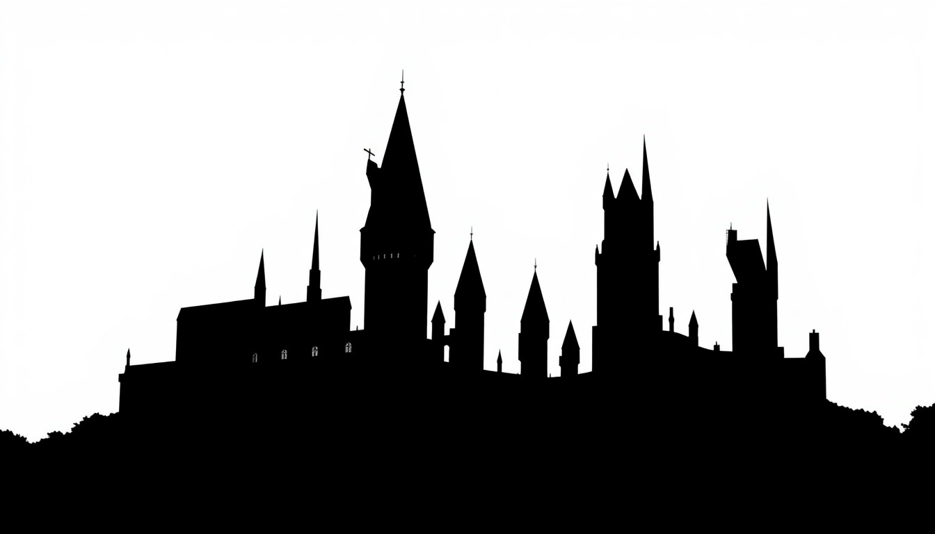 An abstract, minimalist illustration featuring sharp, angular black silhouettes and geometric shapes, conceptually representing the iconic Hogwarts Castle undergoing construction and renovation.