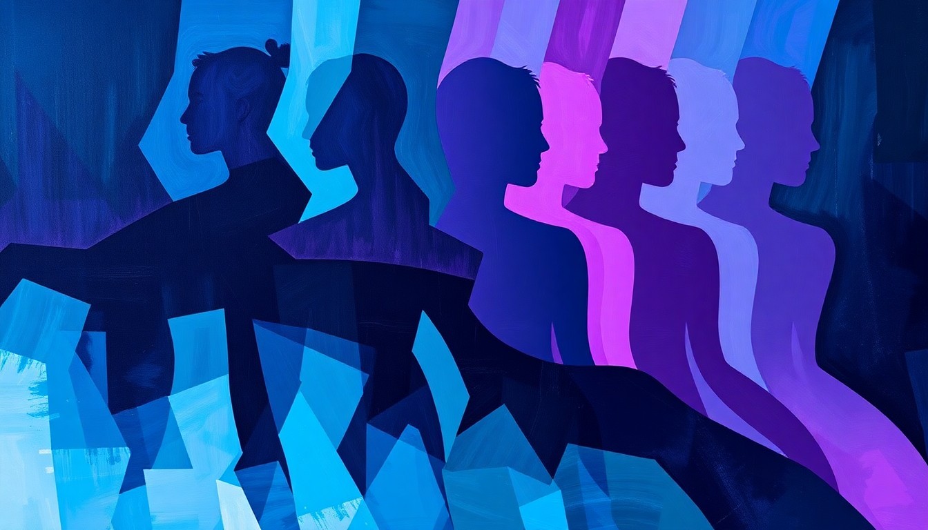 A fractured, abstract painting in shades of blue and purple depicting the silhouette of a person repeated in overlapping geometric shapes, conveying a sense of disruption and upheaval.