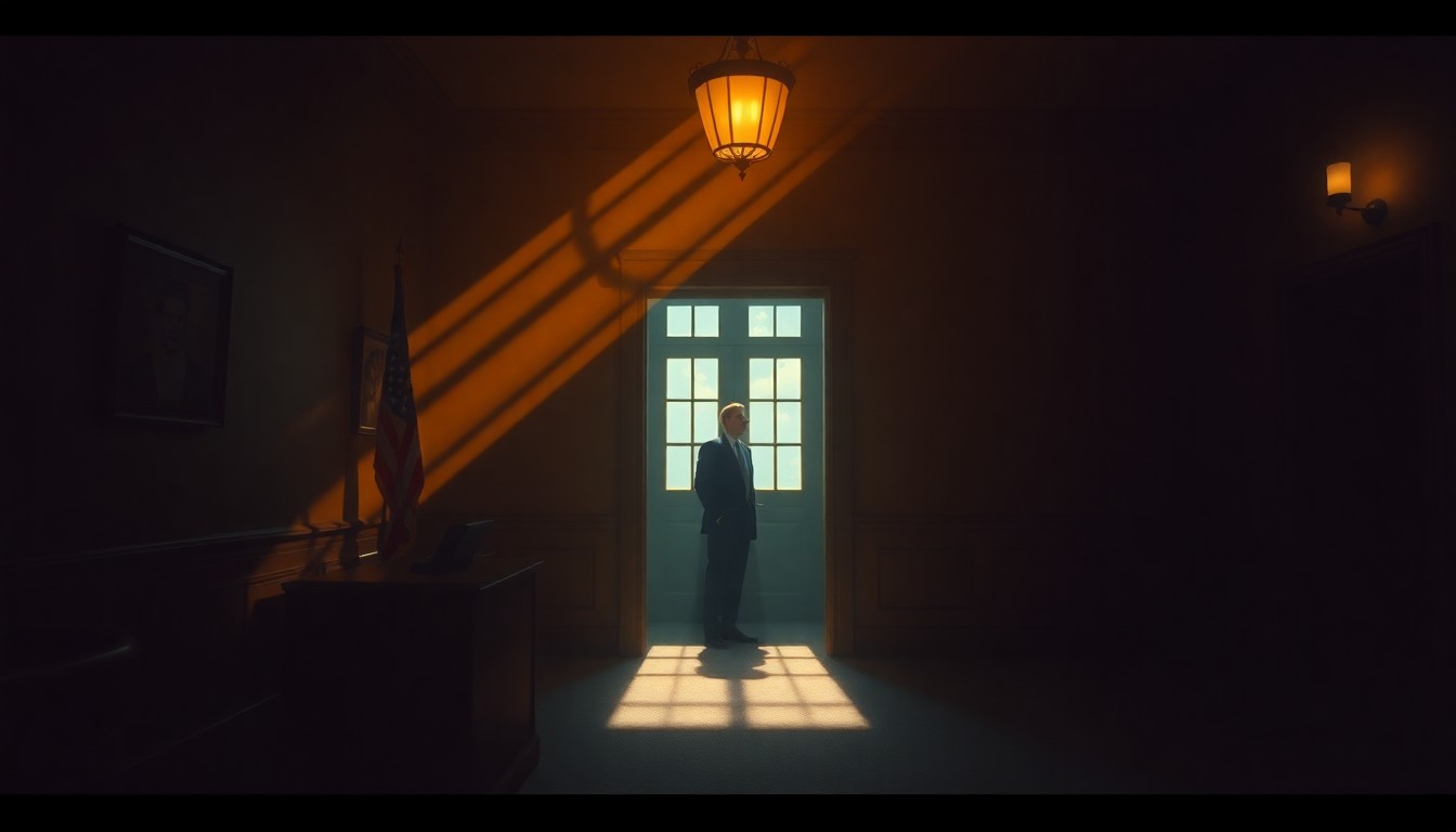 A dimly lit, cinematic painting of a solitary political figure sitting at a desk in a city hall office, the scene bathed in warm, diagonal sunlight and deep shadows, conceptually representing the challenges of transitioning from campaign promises to the realities of governing.