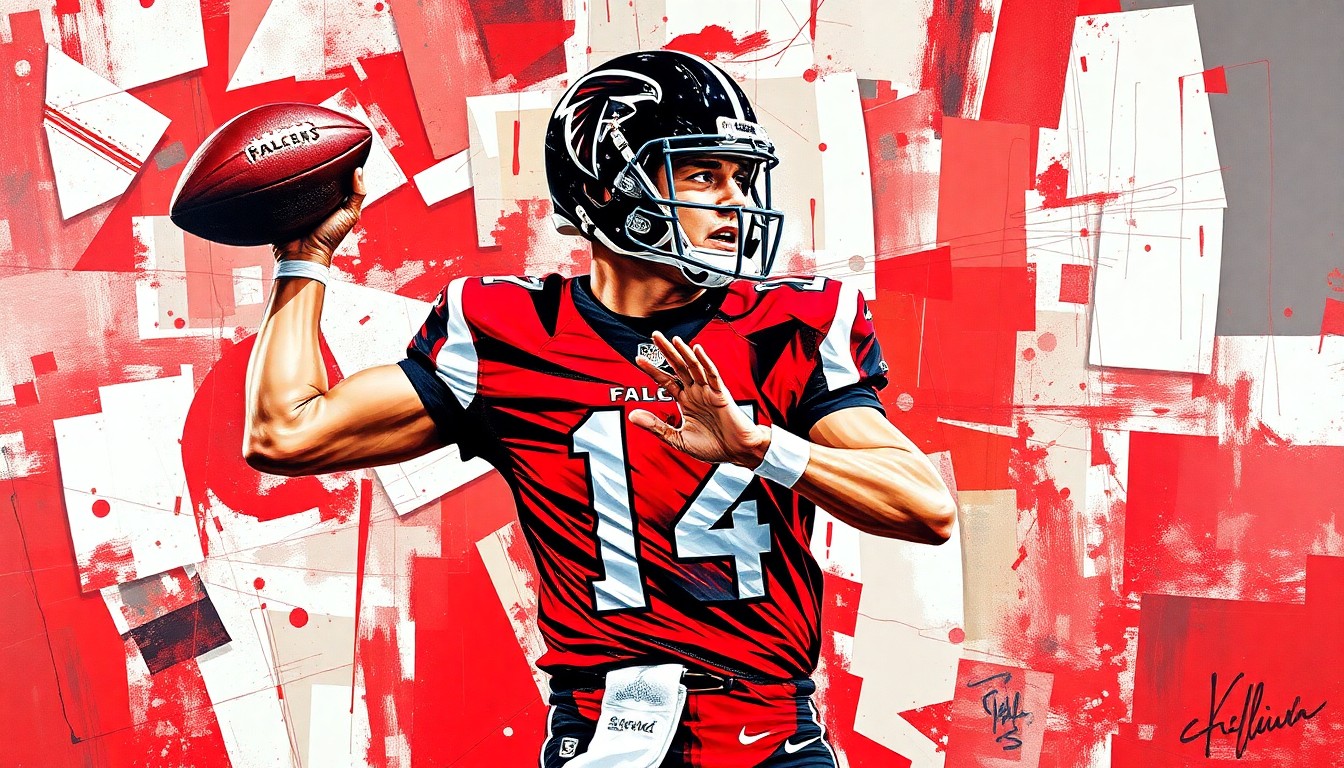 A fractured, cubist-style painting depicting a football quarterback dropping back to pass, broken down into sharp, overlapping geometric planes in the Falcons' official team colors of red, black, and white, conceptually representing the team's unsettled quarterback situation.