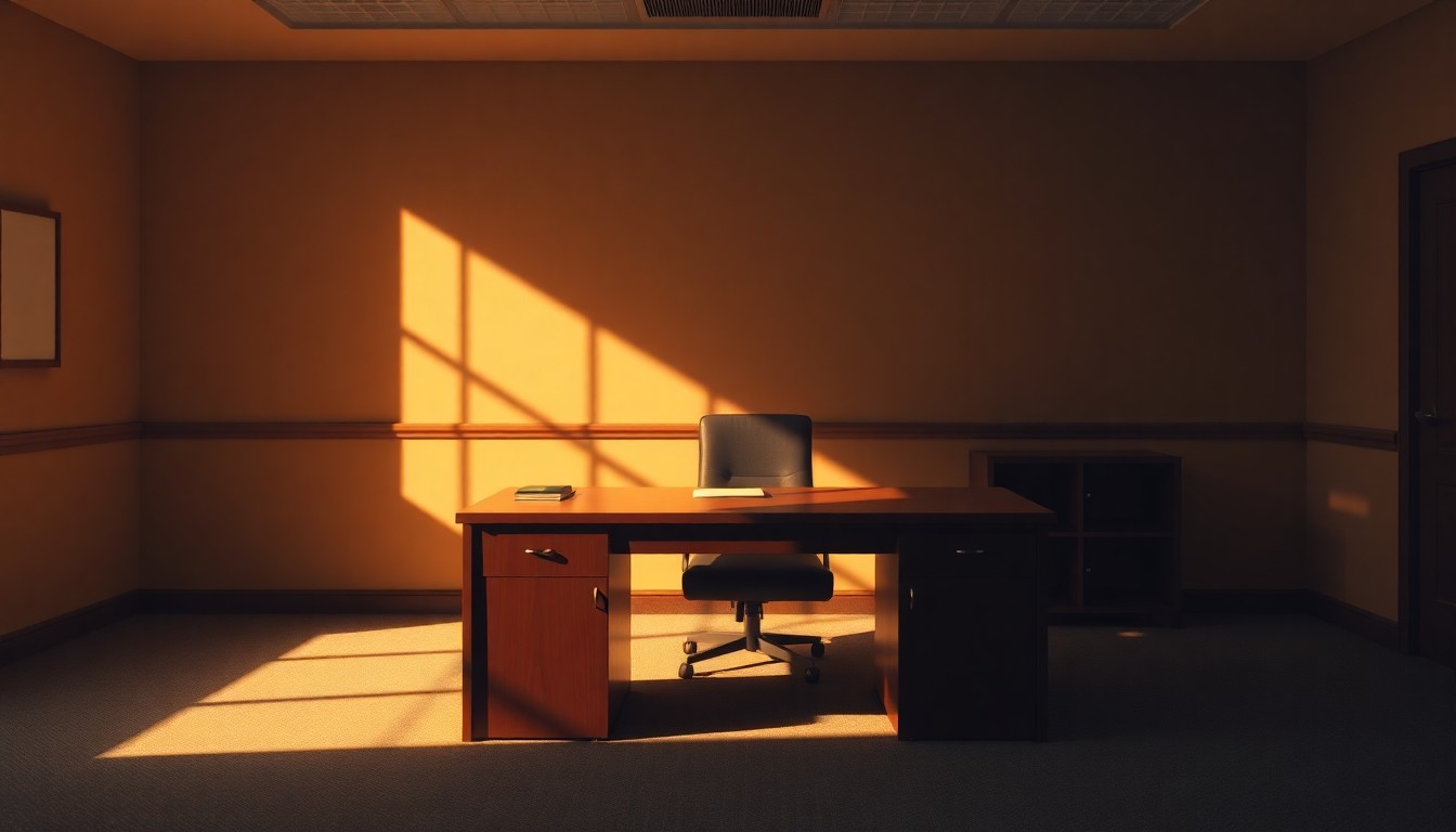 A photorealistic painting of an empty government office desk in a warm, cinematic lighting, conveying a sense of bureaucratic solitude and the potential impact of shifting federal contracting policies.