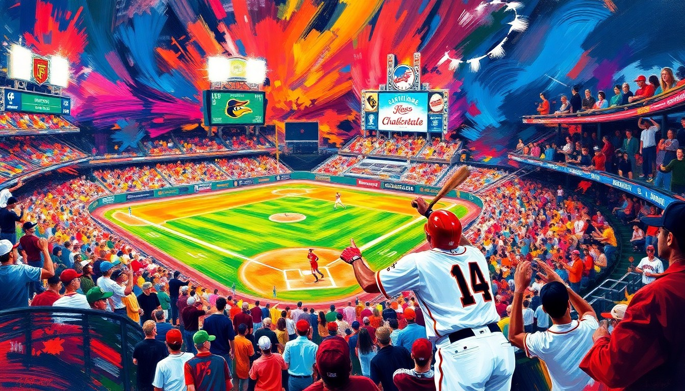 An abstract, expressionist painting in vibrant neon colors, capturing the dynamic energy and excitement of a high-stakes baseball game through bold, sweeping brushstrokes that dissolve the players and field into a blur of motion.