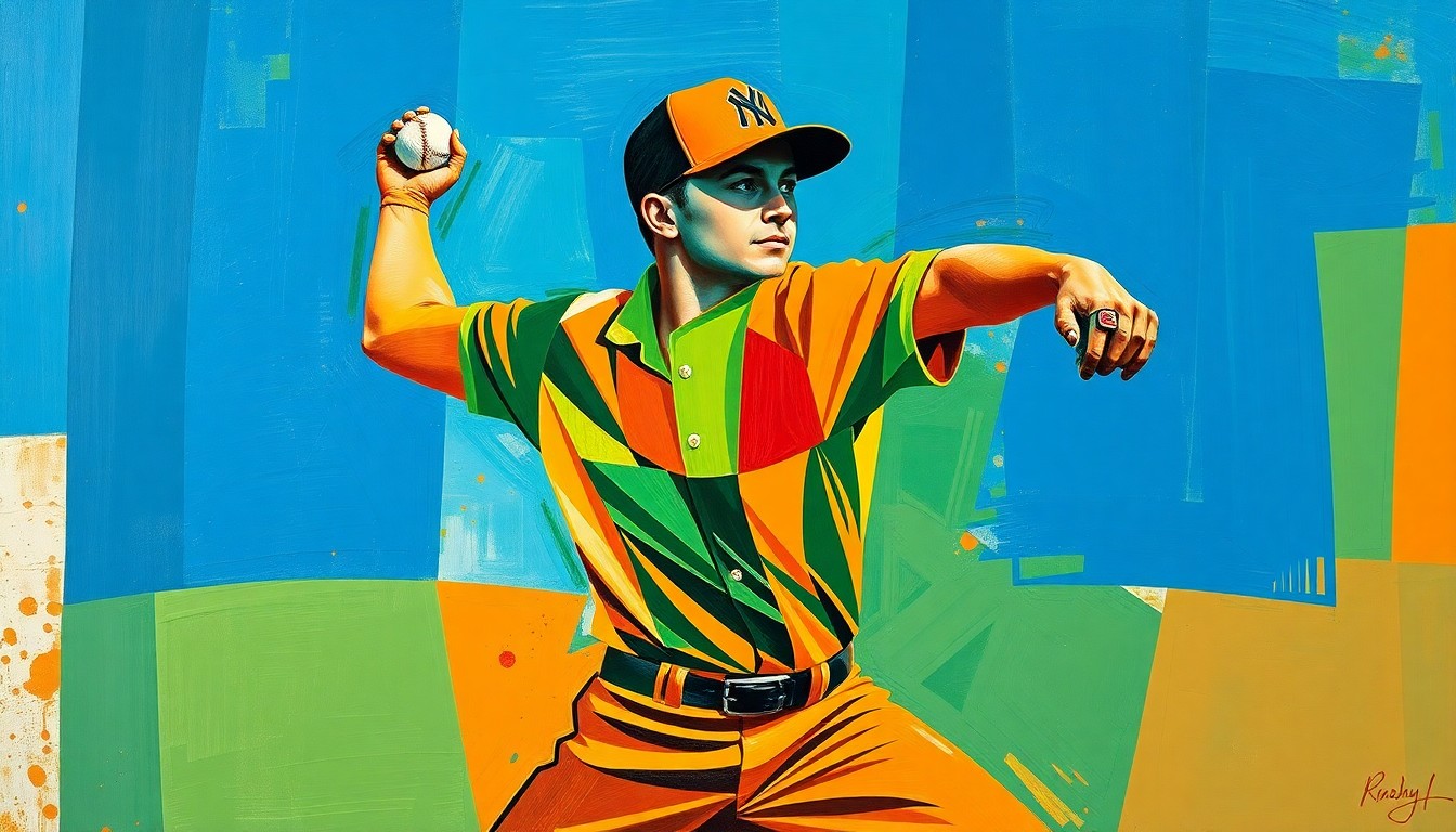 A fragmented, geometric painting depicting a baseball pitcher's throwing motion, with sharp planes of color and overlapping shapes that deconstruct the action into an abstract, dynamic composition.