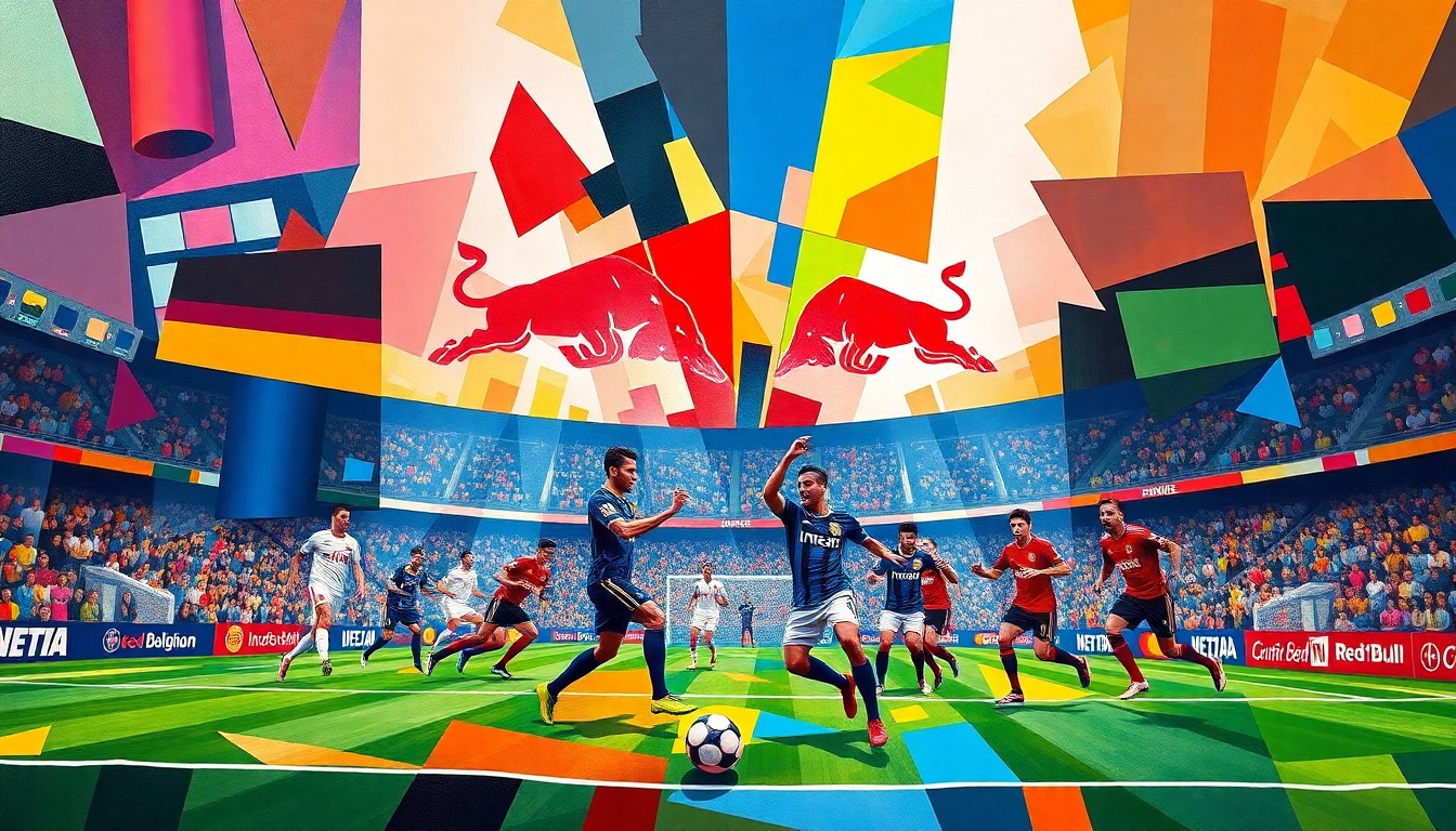 A fractured, multi-perspective painting depicting the action and energy of a soccer match between Inter Miami and the New York Red Bulls, with the players and field rendered in sharp, overlapping geometric shapes and planes of vibrant team colors.