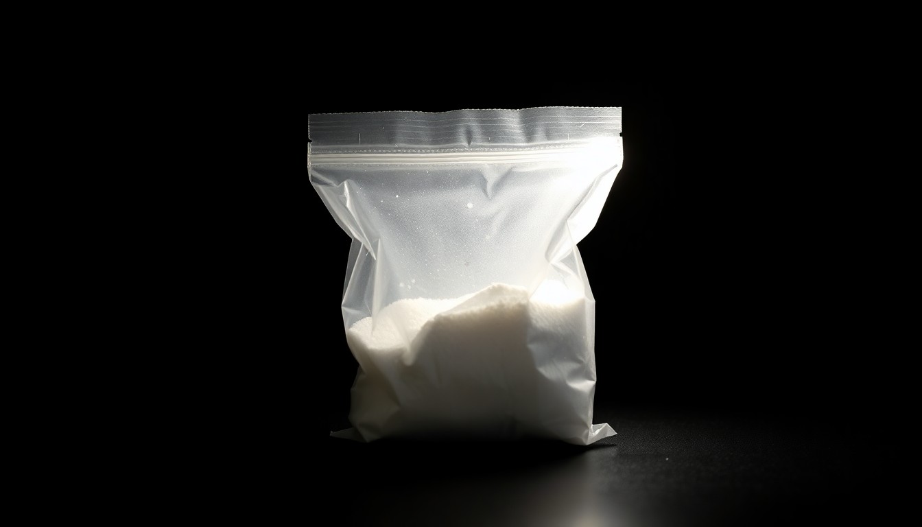 An extreme close-up of a small plastic bag containing a white powdery substance, dramatically lit by a harsh camera flash against a dark background, conceptually representing the dangerous nature of fentanyl trafficking.