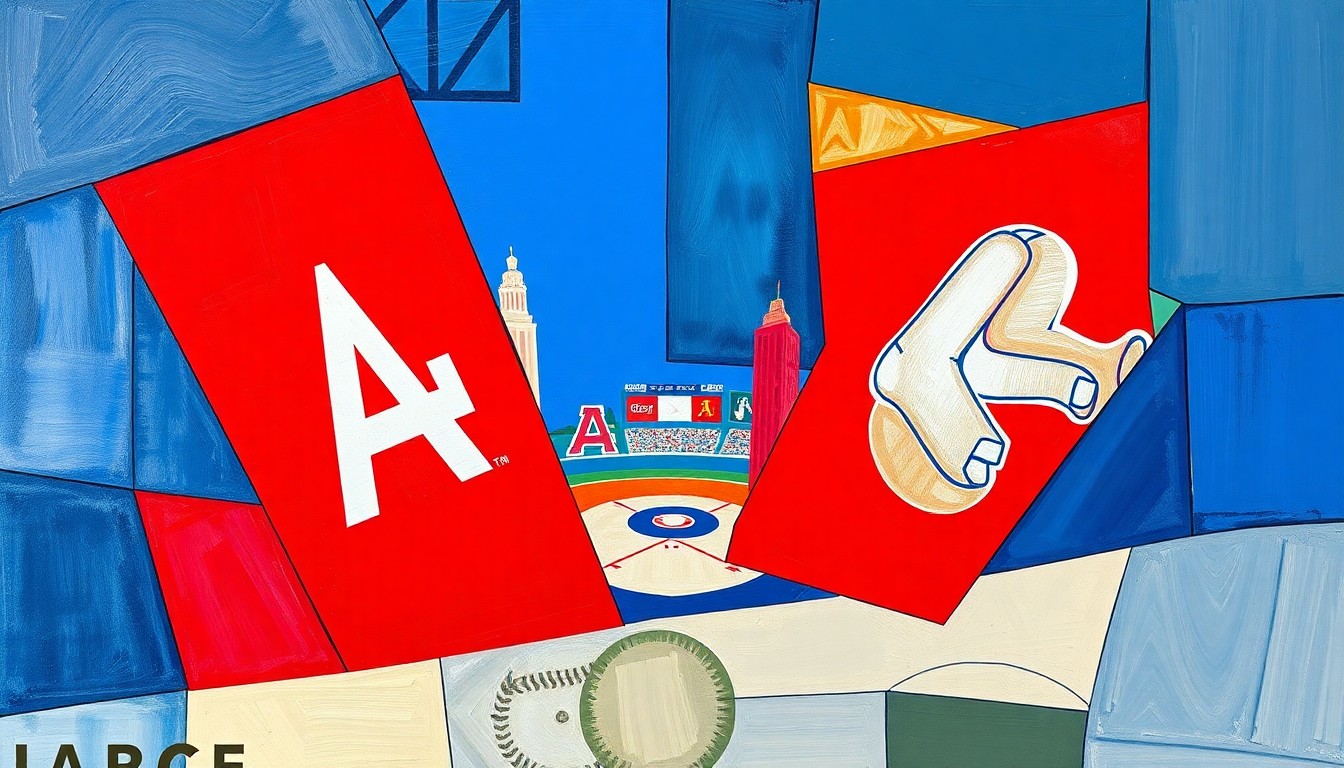 A cubist, geometric painting depicting a baseball game broken down into overlapping planes of blue, red, and neutral tones, conveying the Dodgers' talent development prowess.