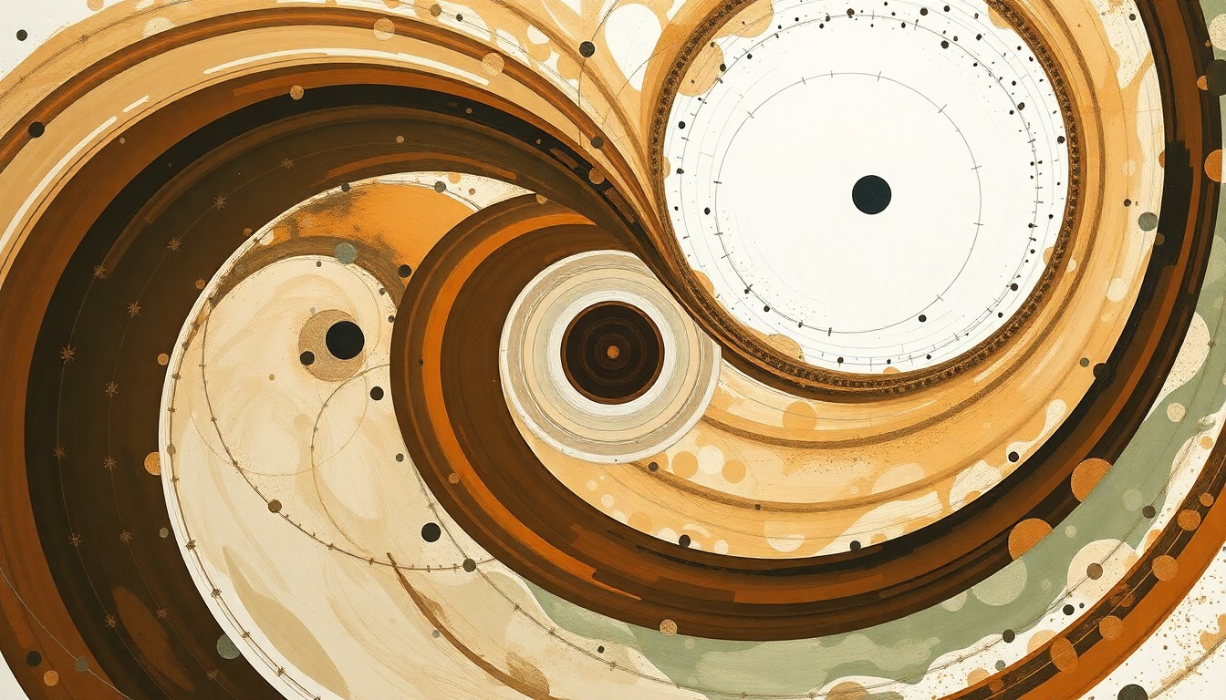 A highly structured abstract painting in soft, earthy tones of brown, green, and blue, featuring sweeping geometric arcs, concentric planetary circles, and precise botanical spirals, conceptually representing the complex forces and concepts involved in the Artemis II mission.