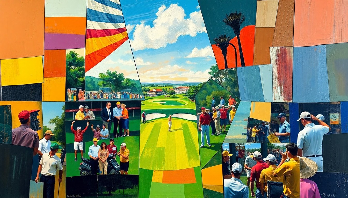 A cubist, geometric painting depicting a fragmented, multi-angled scene of a golf tournament, with sharp planes of color and form representing the serene, contemplative atmosphere that inspired the athlete to consider a second career in the sport.