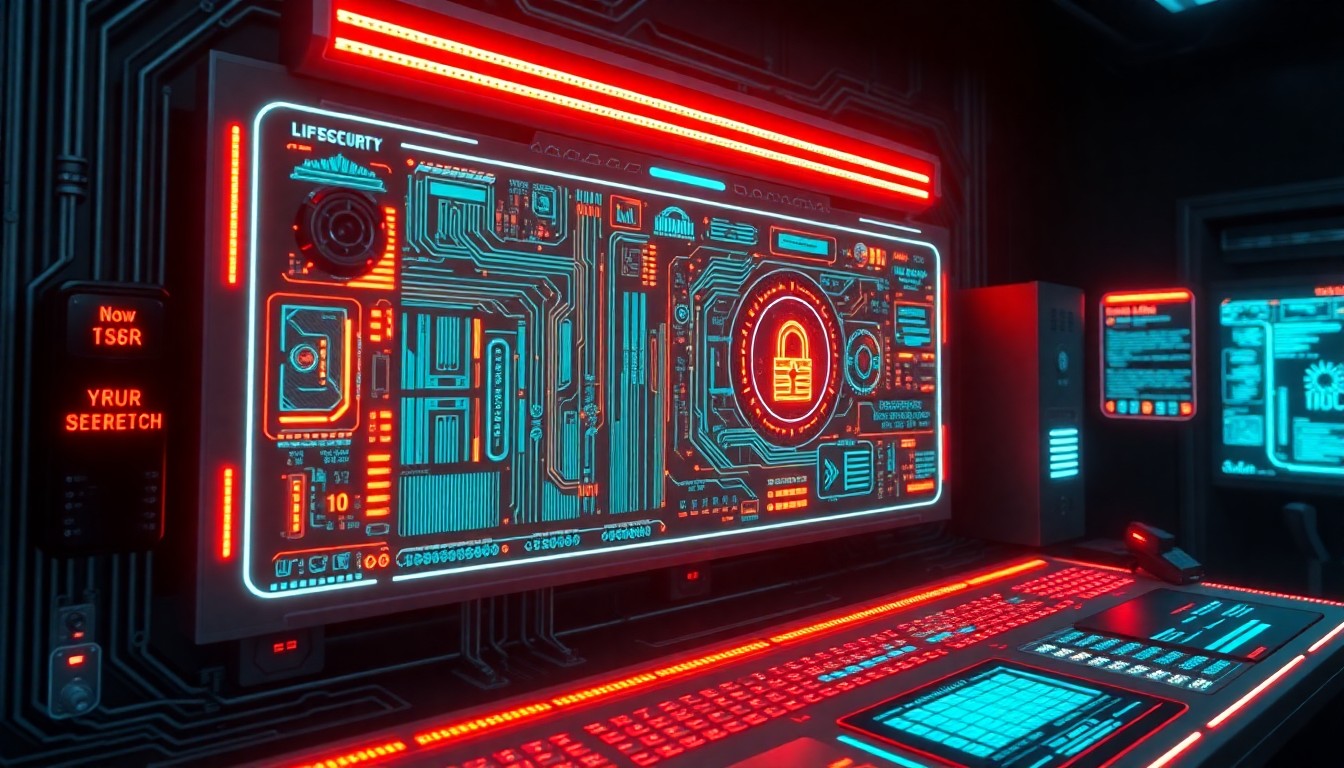 A highly detailed, glowing 3D illustration of a futuristic cybersecurity control panel with pulsing neon lights, intricate circuit boards, and holographic data visualizations, conceptually representing the advanced security measures OpenAI is taking in response to a recent security breach.