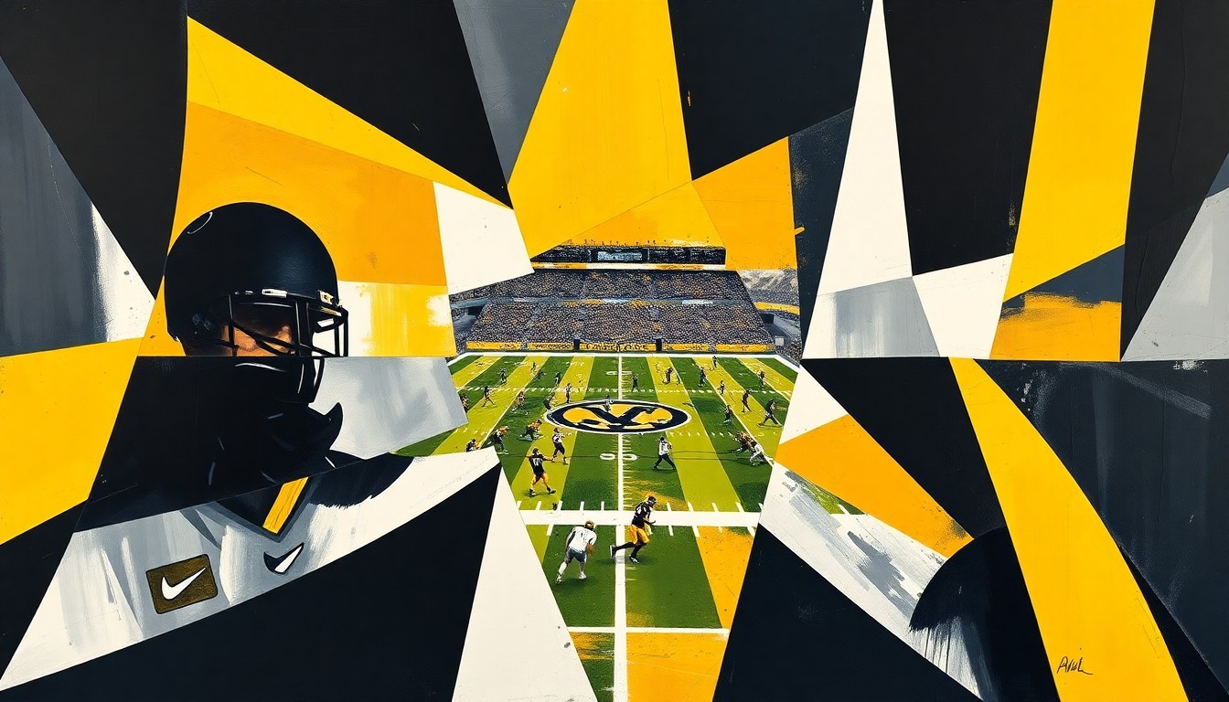 A fractured, geometric painting in Vanderbilt's team colors of black, gold, and white, depicting overlapping planes and shapes that abstractly represent a football game or practice, capturing the energy and movement of the sport.