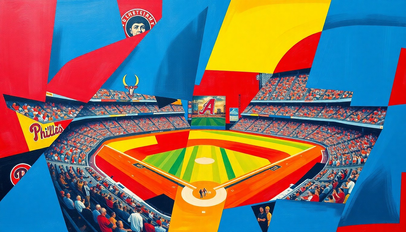 A fragmented, cubist-style painting depicting the dynamic action of a baseball game, with overlapping geometric shapes and planes of vibrant colors representing the energy and movement of the players on the field.