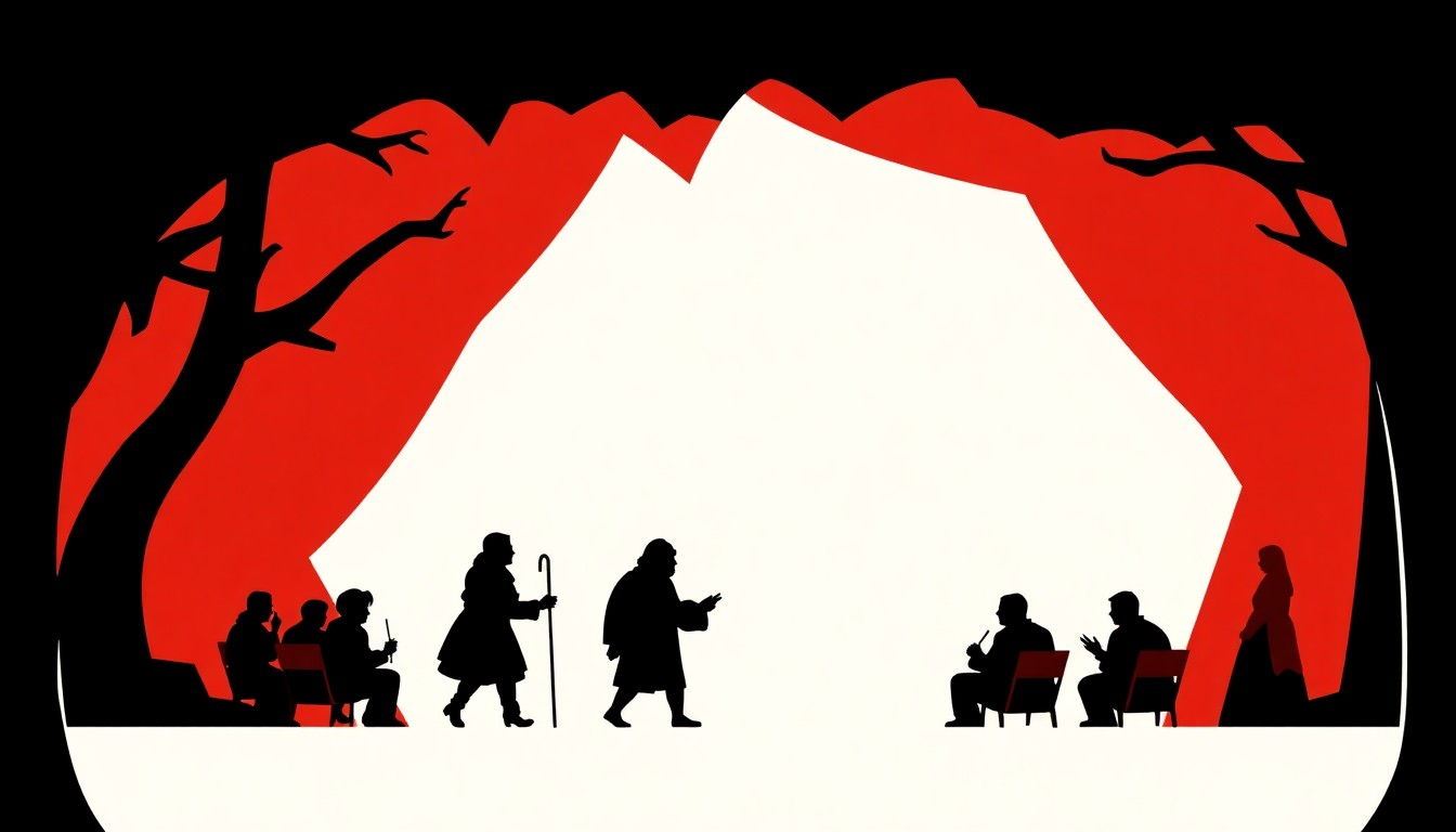 An abstract, minimalist illustration featuring bold, jagged shapes and silhouettes in high-contrast colors, conceptually representing the classic Shakespeare plays being performed in Montana's parks.