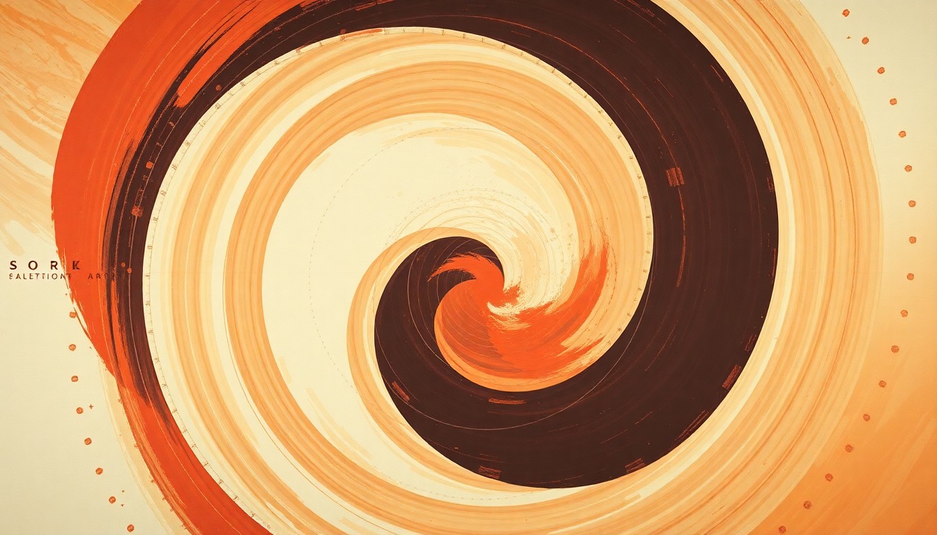 A highly structured abstract painting in earthy tones of red, orange, and brown, featuring sweeping geometric arcs, concentric planetary circles, and precise botanical spirals, conceptually representing the complex forces and concepts behind NASA's plans for a crewed mission to Mars.