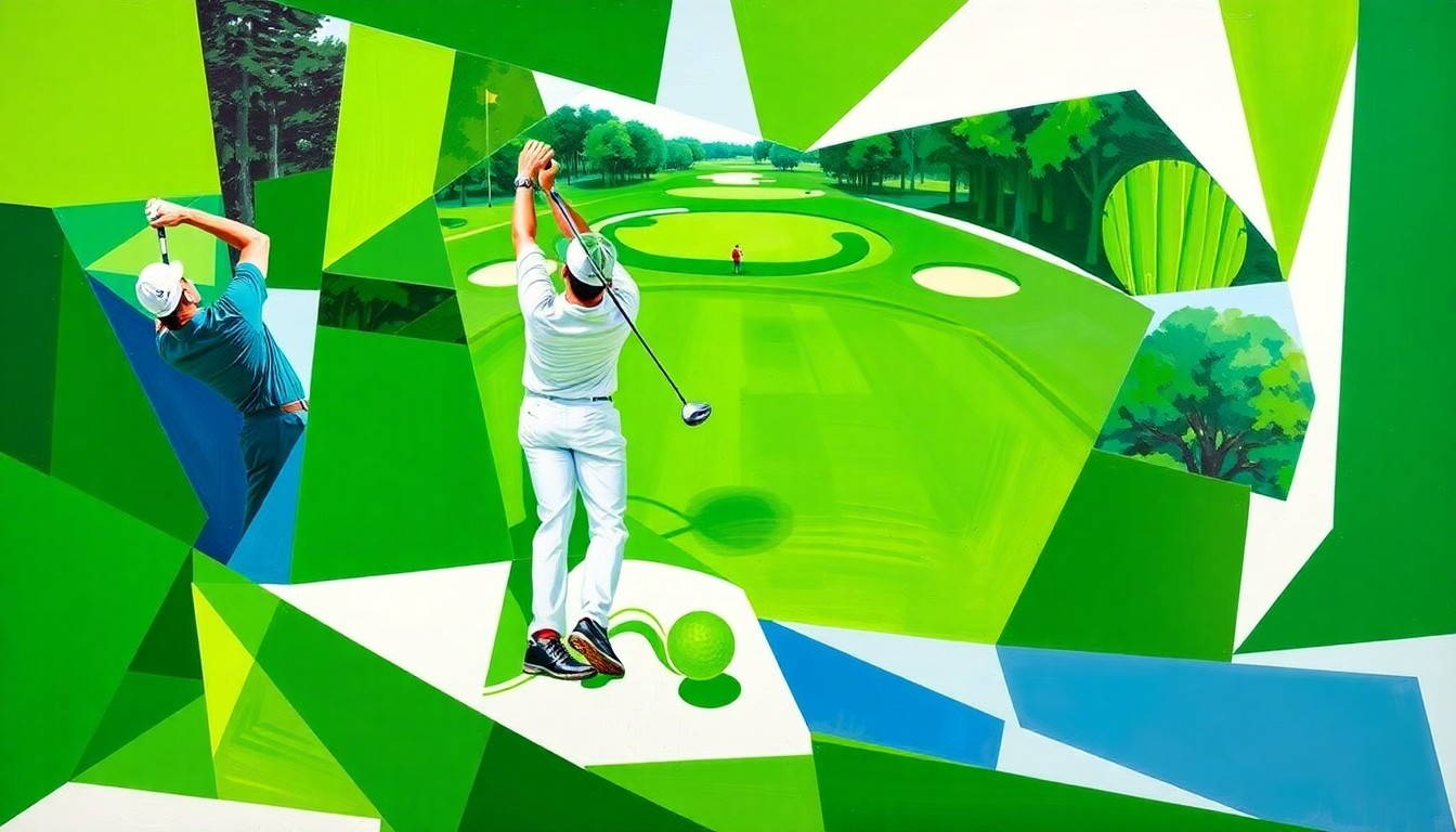 A cubist, geometric painting depicting Scottie Scheffler's golf swing and approach shots at the Masters, with sharp, overlapping planes of color representing the dynamic action on the course.