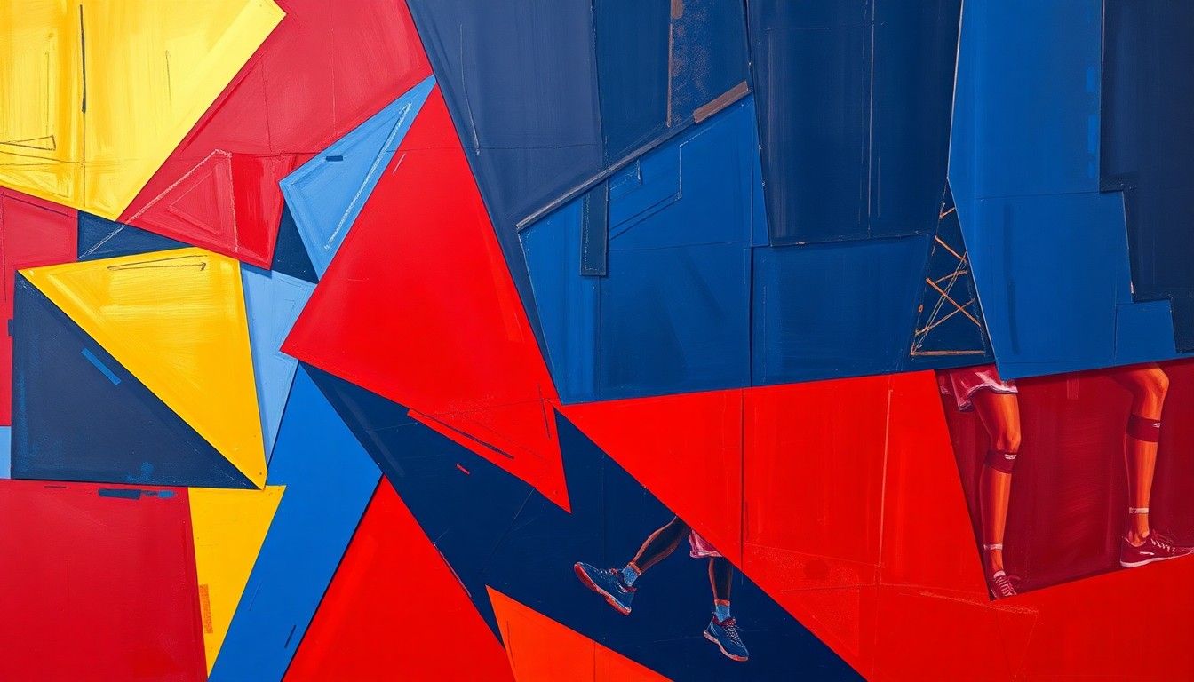 A cubist, geometric painting depicting fragmented, overlapping shapes and planes in the colors of the Atlanta Dream, representing the team's dynamic basketball action and collaborative spirit.
