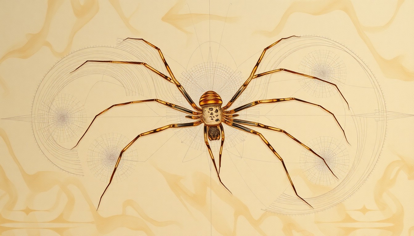 A bold, geometric abstract painting in earthy tones, featuring sweeping arcs, intersecting waveforms, and precise botanical spirals, conceptually representing the intricate natural order and dispersal mechanisms of the invasive Joro spider species.