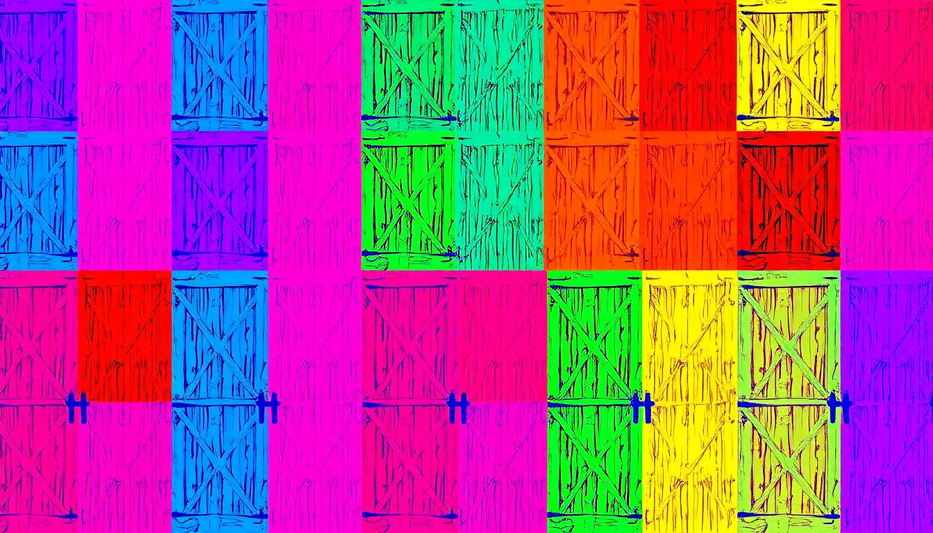 A boldly colored, silkscreen-style grid of a wooden barn door, conceptually representing the unique secondary structure that enhances the value and character of this Pine Valley luxury home.