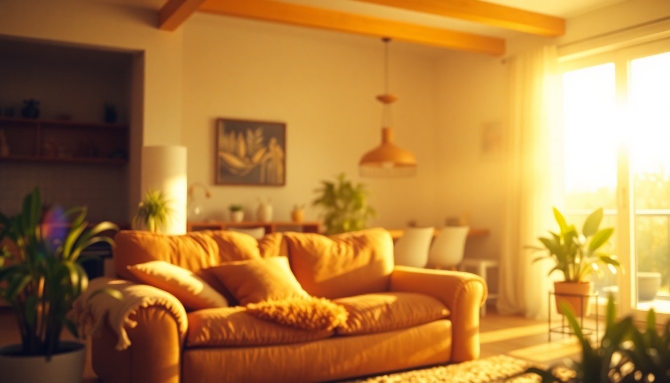 An extremely abstracted, out-of-focus photograph of a cozy living room scene, with soft, warm pools of light and color creating a sense of comfort and tranquility.