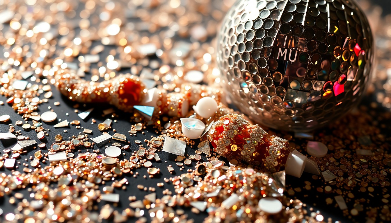 An extreme close-up photograph of shimmering sequins and shattered glass, capturing the luxurious textures and dramatic lighting of Coachella festival fashion.
