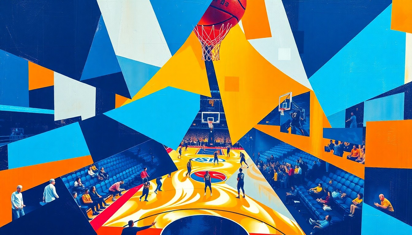 A fractured, cubist-style painting depicting a WNBA basketball game, with the players and court broken down into sharp, overlapping geometric shapes in the team colors of navy blue, sky blue, and orange, conveying the disruption and uncertainty surrounding the Sky's training facility delays.