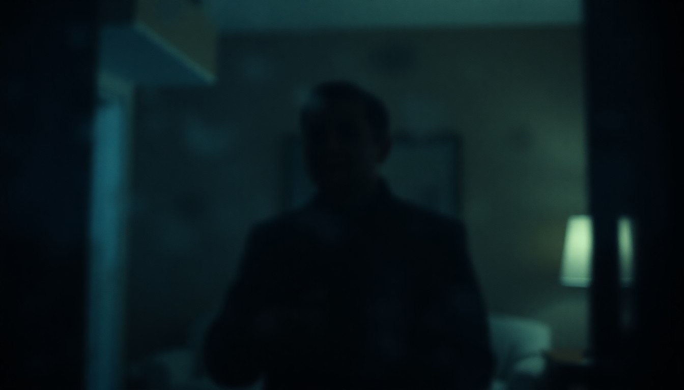 An extremely blurred, out-of-focus interior scene with a shadowy figure in the foreground, conveying a sense of melancholy and isolation through the use of muted colors and soft, hazy edges.